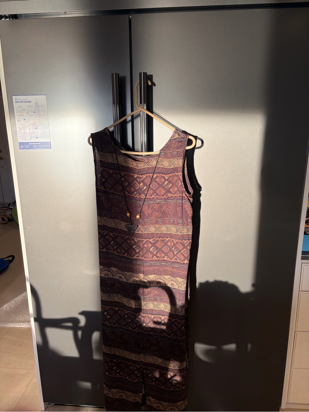 Sleeveless Patterned Maxi Dress in Burgundy and Tan